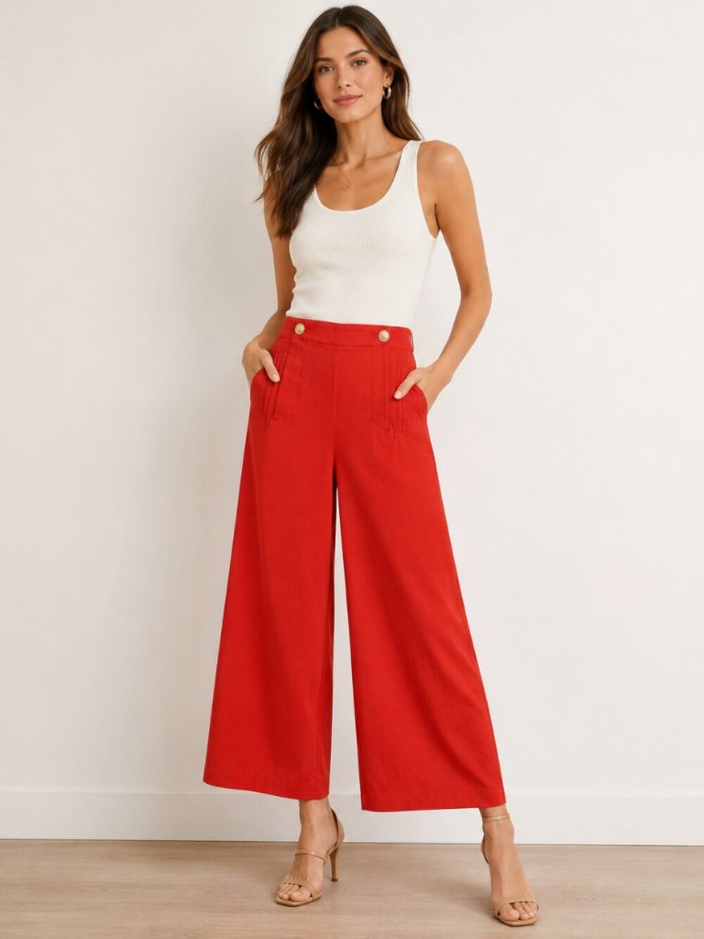 Ann Taylor Womens 8P Red Wide Leg Pants High Rise Gold Button Stretch 8 Petite